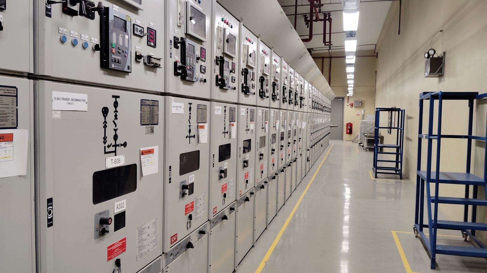 Industrial electrical control room with organized control panels