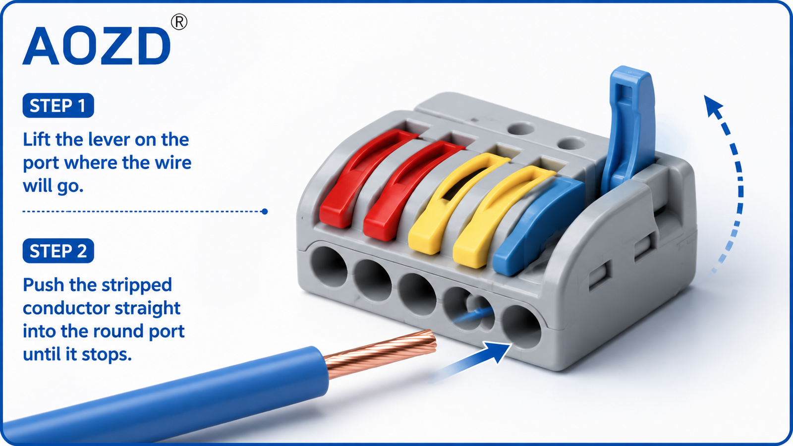 Diagram showing a stripped wire being inserted into an open lever port of a quick splice connector